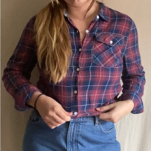 Maroon and Navy plaid button down - Picture 3 of 6